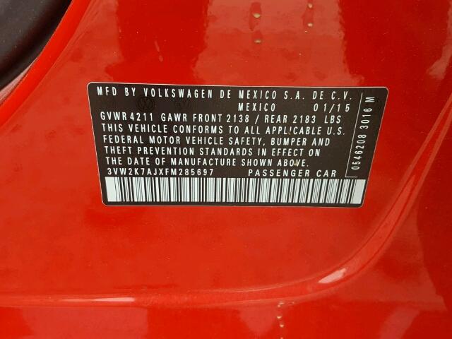 3VW2K7AJXFM285697 - 2015 VOLKSWAGEN JETTA BASE 红色 照片 10