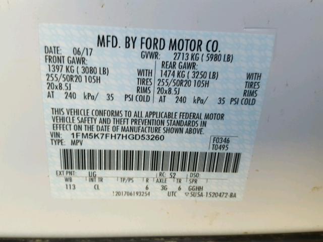 1FM5K7FH7HGD53260 - 2017 FORD EXPLORER WHITE photo 10