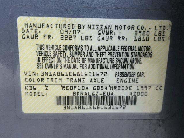 3N1AB61E68L631672 - 2008 NISSAN SENTRA 2.0 GRAY photo 10