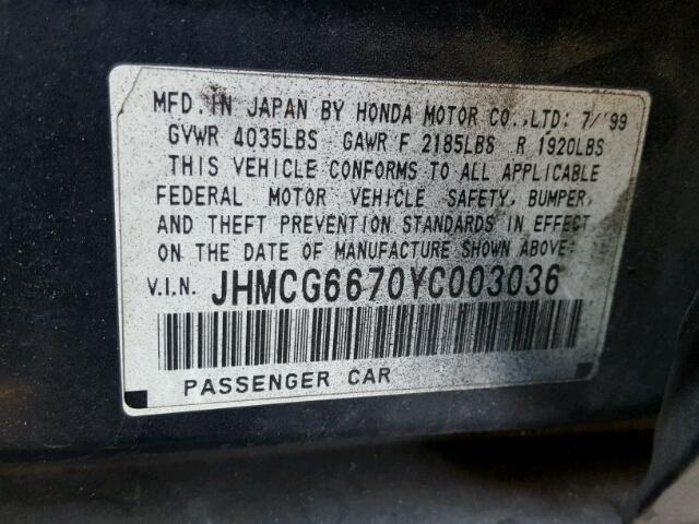 JHMCG6670YC003036 - 2000 HONDA ACCORD EX BLUE photo 10