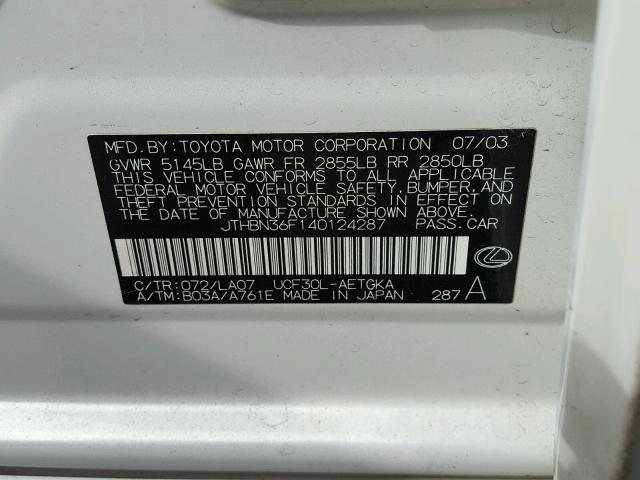 JTHBN36F140124287 - 2004 LEXUS LS 430 WHITE photo 10