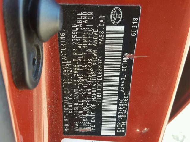 4T1BF3EK1BU686074 - 2011 TOYOTA CAMRY BASE RED photo 10