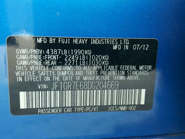 JF1GR7E68DG204669 - 2013 SUBARU IMPREZA WR BLUE photo 10