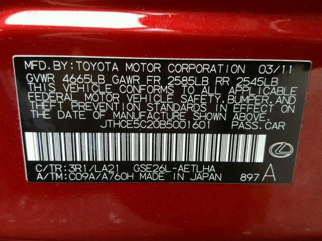 JTHCE5C20B5001601 - 2011 LEXUS IS RED photo 10