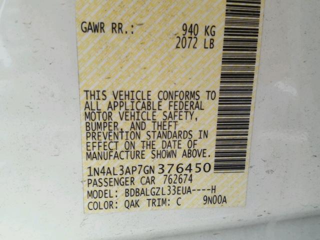 1N4AL3AP7GN376450 - 2016 NISSAN ALTIMA 2.5 白色 照片 10