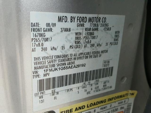 1FMJK1G55AEA29192 - 2010 FORD EXPEDITION SILVER photo 10