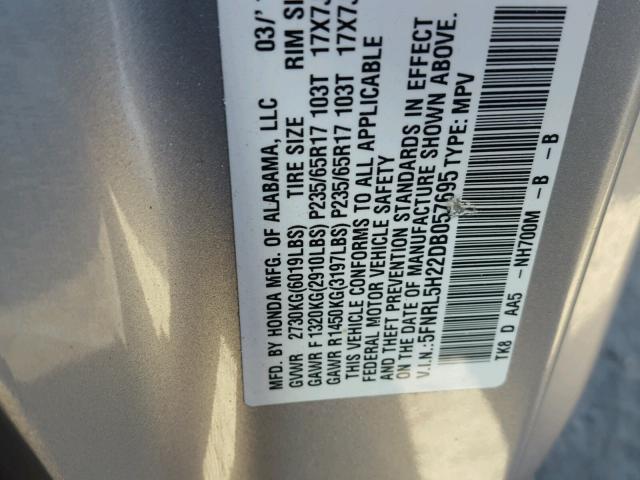 5FNRL5H22DB057695 - 2013 HONDA ODYSSEY LX SILVER photo 10