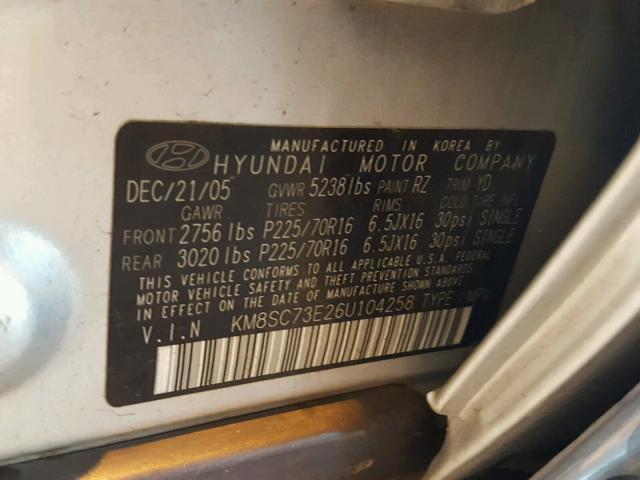 KM8SC73E26U104258 - 2006 HYUNDAI SANTA FE SILVER photo 10