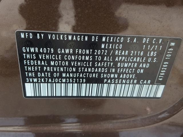 3VW2K7AJ0CM352139 - 2012 VOLKSWAGEN JETTA BASE BROWN photo 10