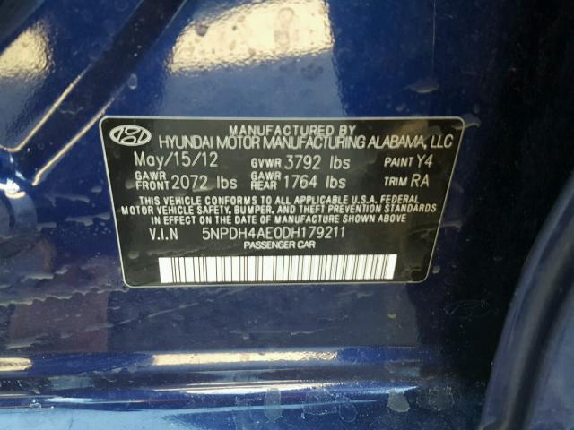 5NPDH4AE0DH179211 - 2013 HYUNDAI ELANTRA GL BLUE photo 10