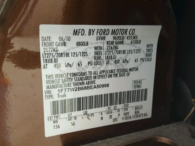 1FT7W2B68BEA50998 - 2011 FORD F250 BROWN photo 10