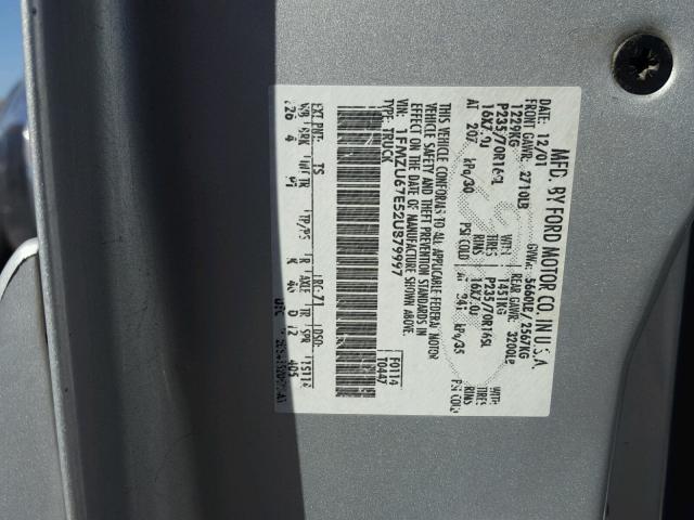 1FMZU67E52UB79997 - 2002 FORD EXPLORER S GRAY photo 10