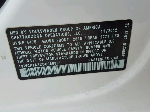 1VWCP7A3XDC066891 - 2013 VOLKSWAGEN PASSAT WHITE photo 10