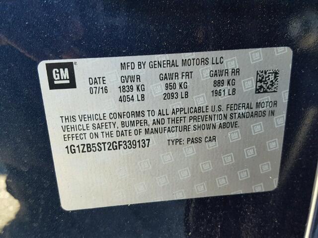 1G1ZB5ST2GF339137 - 2016 CHEVROLET MALIBU LS BLUE photo 10