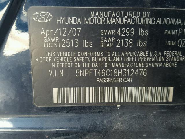 5NPET46C18H312476 - 2008 HYUNDAI SONATA GLS BLUE photo 10