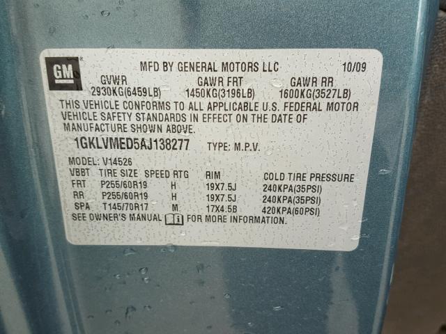 1GKLVMED5AJ138277 - 2010 GMC ACADIA SLT 蓝色 照片 10