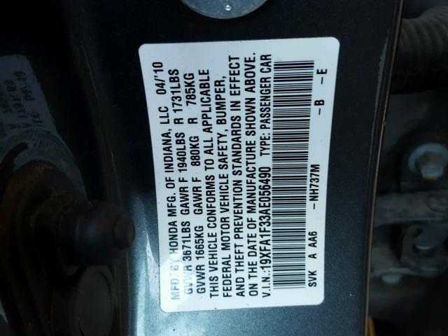 19XFA1F33AE056490 - 2010 HONDA CIVIC VP GRAY photo 10