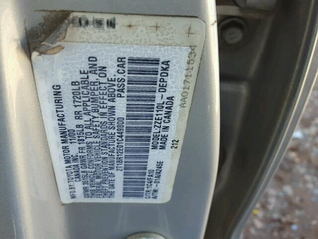 2T1BR12E01C449800 - 2001 TOYOTA COROLLA CE SILVER photo 10