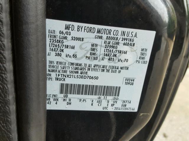 1FTNX21L53ED70650 - 2003 FORD F250 BLACK photo 10