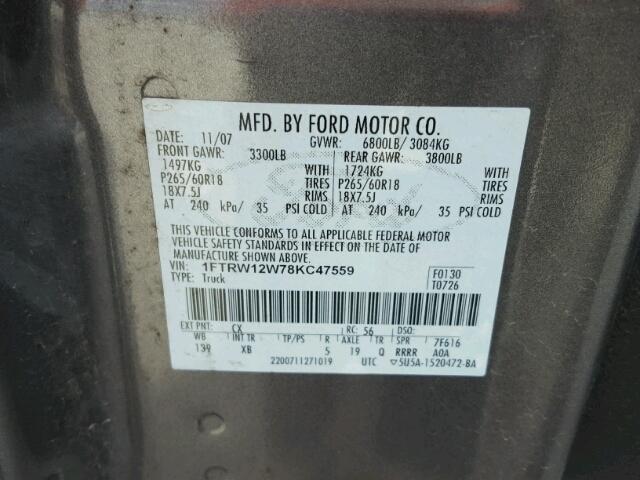 1FTRW12W78KC47559 - 2008 FORD F150 SUPER GRAY photo 10