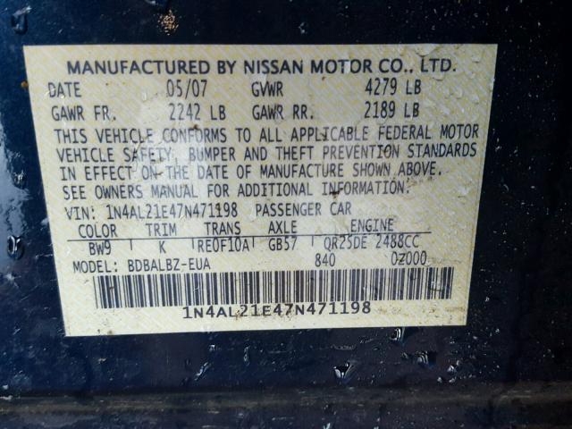 1N4AL21E47N471198 - 2007 NISSAN ALTIMA 2.5 BLUE photo 10