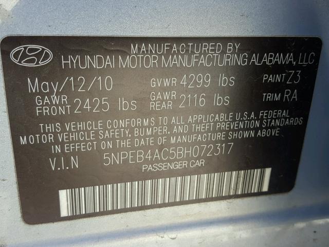 5NPEB4AC5BH072317 - 2011 HYUNDAI SONATA GLS BLUE photo 10