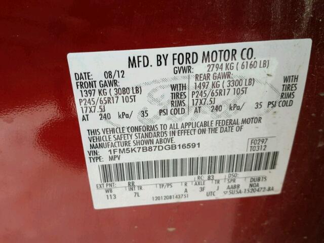 1FM5K7B87DGB16591 - 2013 FORD EXPLORER RED photo 10