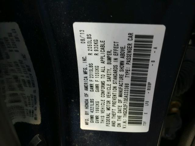 1HGCR2F70EA033389 - 2014 HONDA ACCORD EX BLUE photo 10