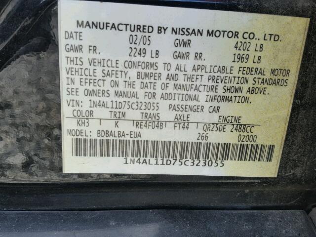 1N4AL11D75C323055 - 2005 NISSAN ALTIMA S BLACK photo 10