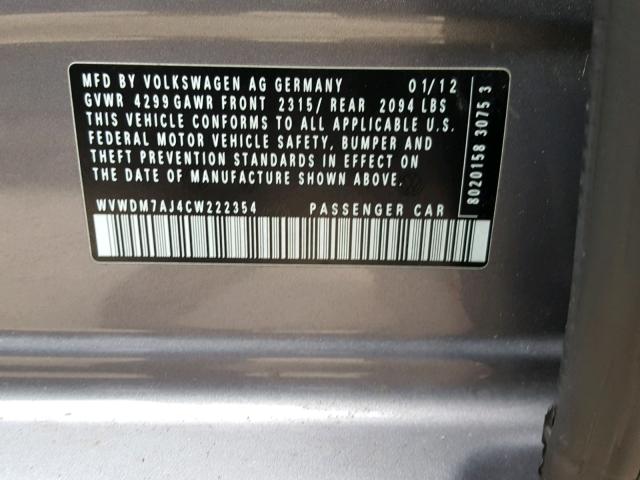 WVWDM7AJ4CW222354 - 2012 VOLKSWAGEN GOLF GRAY photo 10