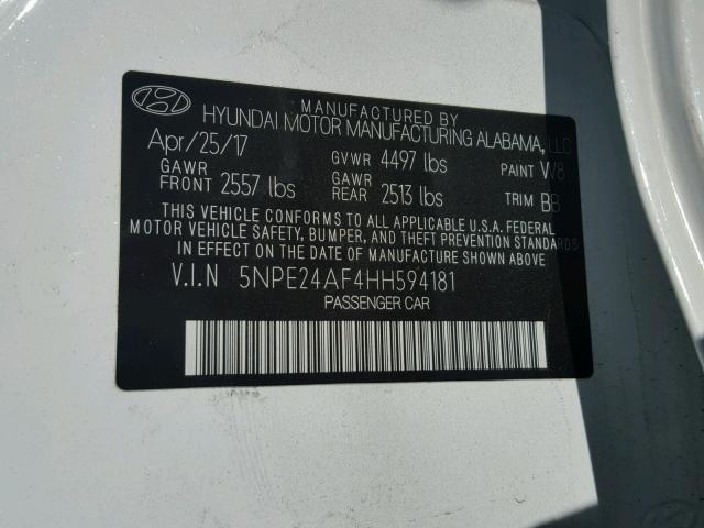 5NPE24AF4HH594181 - 2017 HYUNDAI SONATA SE WHITE photo 10