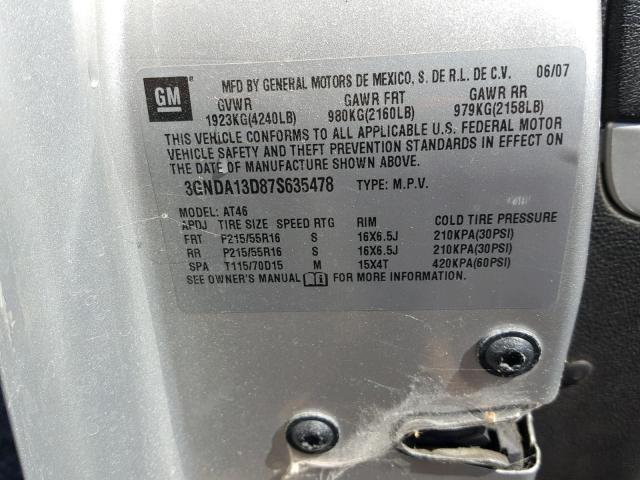 3GNDA13D87S635478 - 2007 CHEVROLET HHR LS SILVER photo 10