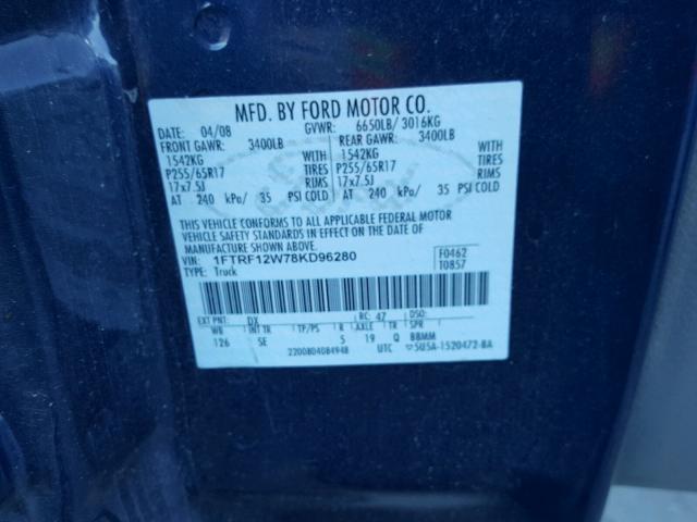 1FTRF12W78KD96280 - 2008 FORD F150 BLACK photo 10