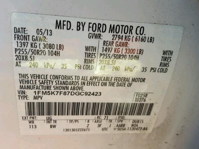 1FM5K7F87DGC92423 - 2013 FORD EXPLORER L WHITE photo 10