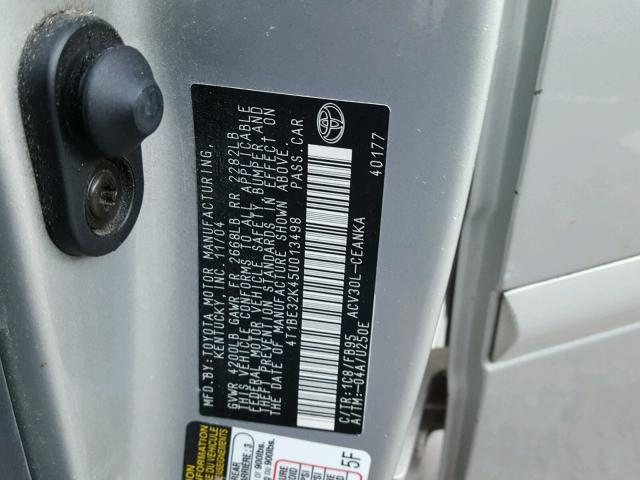 4T1BE32K45U013498 - 2005 TOYOTA CAMRY LE 银色 照片 10