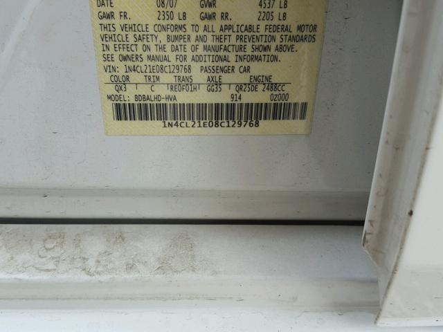 1N4CL21E08C129768 - 2008 NISSAN ALTIMA HYB WHITE photo 10