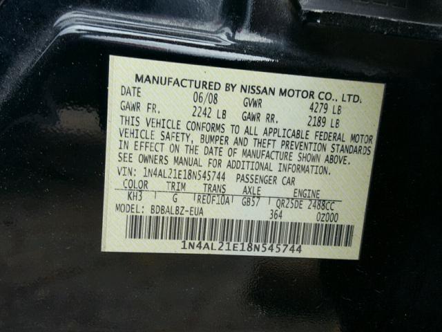 1N4AL21E18N545744 - 2008 NISSAN ALTIMA 2.5 BLACK photo 10