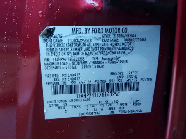 1FAHP24117G163258 - 2007 FORD FIVE HUNDR RED photo 10