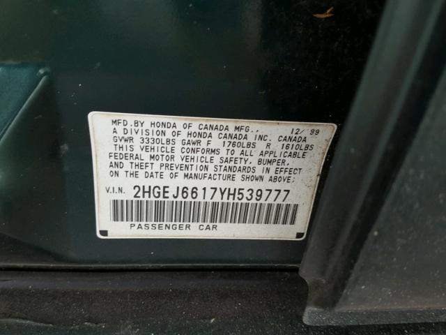 2HGEJ6617YH539777 - 2000 HONDA CIVIC BASE GREEN photo 10