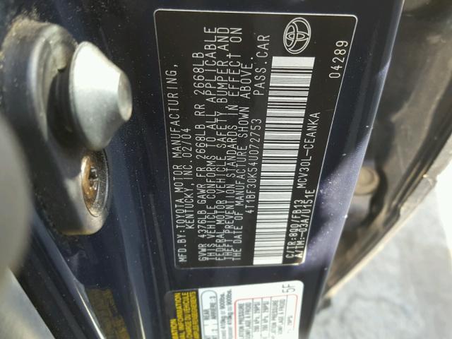 4T1BF30K54U072753 - 2004 TOYOTA CAMRY LE 蓝色 照片 10