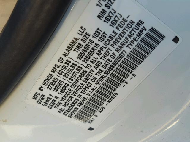 5FNRL38428B026877 - 2008 HONDA ODYSSEY EX WHITE photo 10