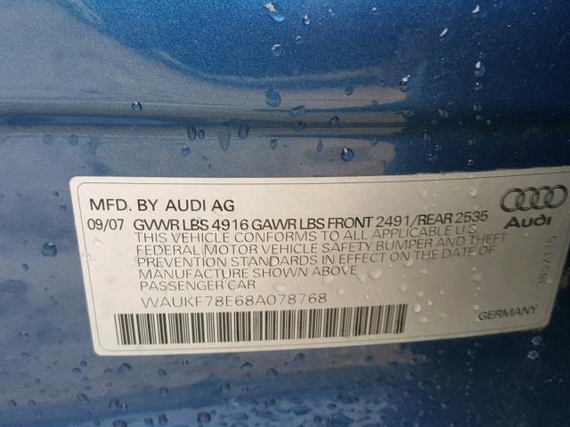 WAUKF78E68A078768 - 2008 AUDI A4 2.0T AV BLUE photo 10