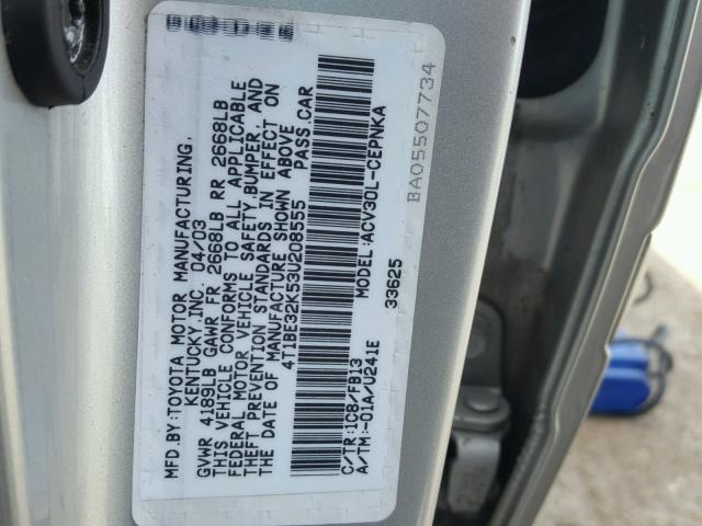 4T1BE32K53U208555 - 2003 TOYOTA CAMRY LE ვერცხლისფერი ფოტო 10