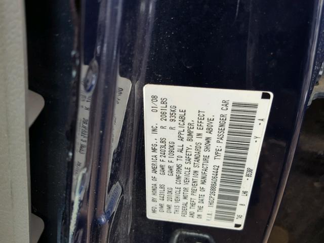 1HGCP26888A064442 - 2008 HONDA ACCORD EXL BLUE photo 10