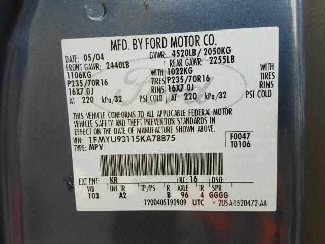 1FMYU93115KA78875 - 2005 FORD ESCAPE XLT BLUE photo 10