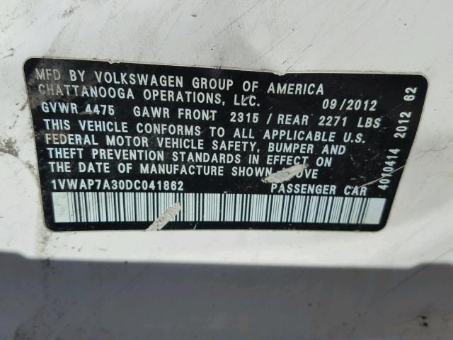 1VWAP7A30DC041862 - 2013 VOLKSWAGEN PASSAT S WHITE photo 10