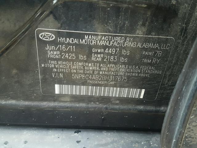 5NPEC4AB2BH317675 - 2011 HYUNDAI SONATA SE BLACK photo 10