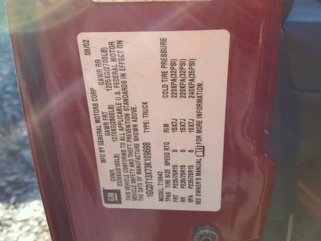 1GCDT13X73K109698 - 2003 CHEVROLET S TRUCK S1 RED photo 10