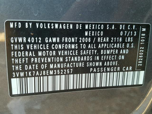 3VW1K7AJ8EM352257 - 2014 VOLKSWAGEN JETTA BASE ნაცრისფერი ფოტო 10