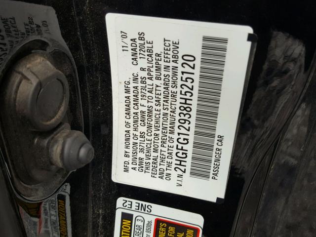 2HGFG12938H525120 - 2008 HONDA CIVIC EXL Սև լուսանկար 10